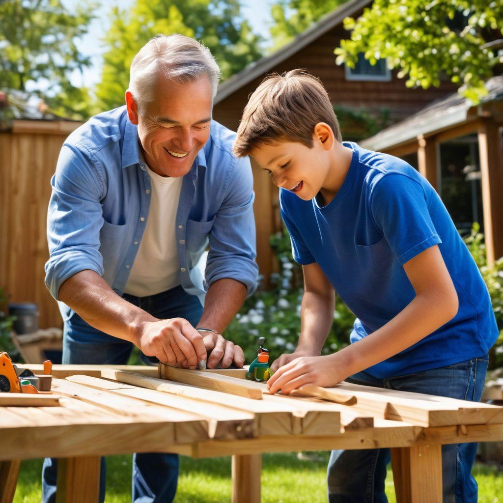 A heartfelt scene depicting a father and son sharing a joyful moment while building a wooden project together in a sunlit backyard, surrounded by tools and scattered wood pieces. The father is guiding the son with a gentle smile, symbolizing teamwork and connection. Include elements of nature like blooming flowers and a clear blue sky to evoke warmth and love in the family bond. cozy and inviting. vibrant colors. super-realistic.