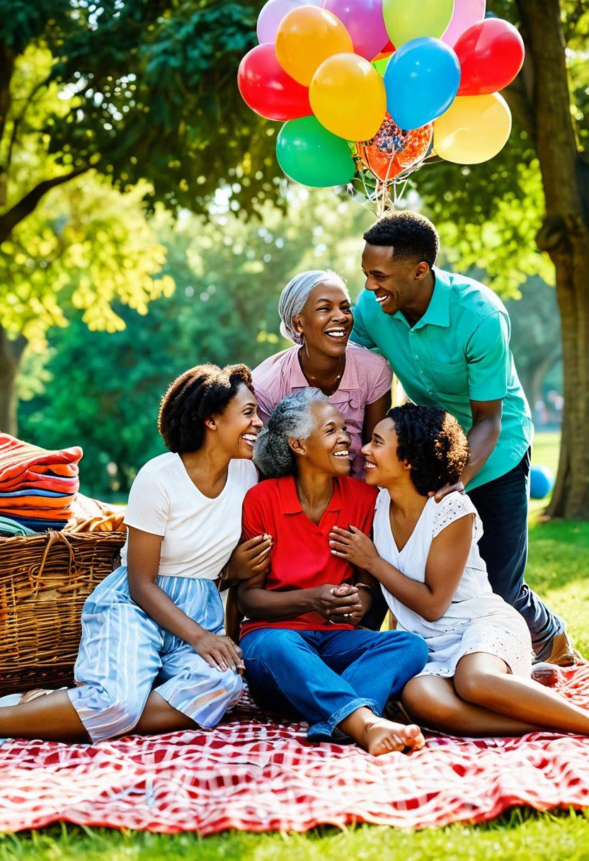 A joyful family reunion scene in a sunlit park, with diverse family members embracing and laughing together, surrounded by colorful picnic blankets, balloons, and a lush green backdrop. Capture the essence of love and connection, with children playing and elders sharing stories. Include warm, inviting colors to evoke happiness and nostalgia. super-realistic. vibrant colors.