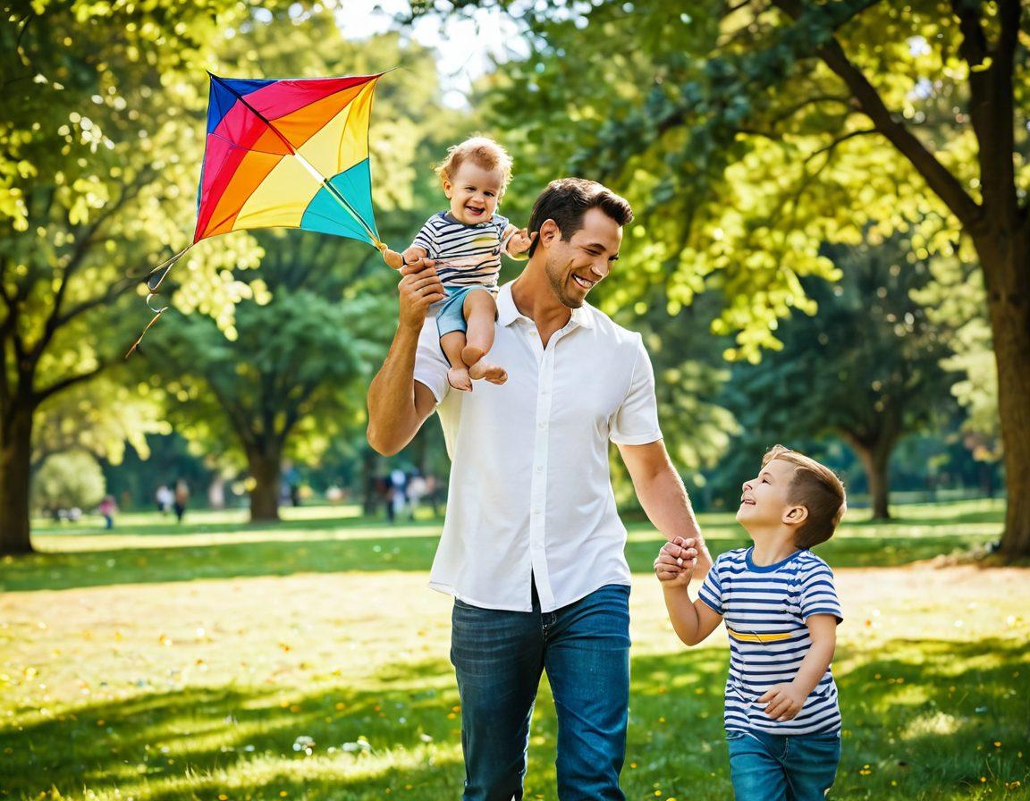 A warm scene of a father and child sharing laughter on a sunny day in a park, surrounded by vibrant green trees and colorful flowers. They're engaged in a playful activity, like flying a kite or playing catch, capturing a moment of connection and joy. Soft sunlight filters through the leaves, creating a cheerful atmosphere filled with love and warmth. super-realistic. vibrant colors. soft focus.